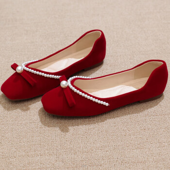 红皮鞋女士结婚穿的鞋子女新娘鞋子婚礼鞋平底软底红色低跟婚鞋秀禾服