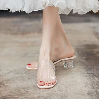 贤语透明凉鞋女夏季时尚拖鞋2024年新款网红水晶跟仙女风女款凉拖米色