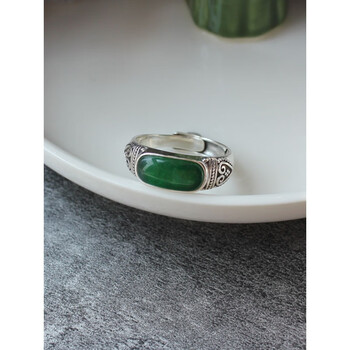 情冰s925银原创复古做旧简约开口戒指女款铁龙生翡翠指环百搭马鞍戒