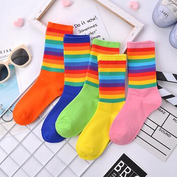 袜子女彩虹袜中长筒高筒棉袜网红韩版学生休闲ins条纹彩色潮袜彩虹高