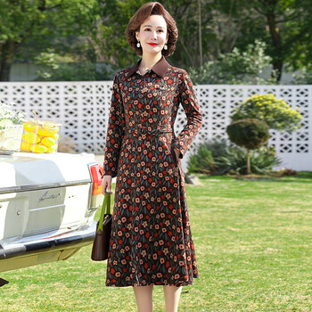 蝶泣矮个子中年妇女春秋季小个子妈妈的连衣裙新款连衣中长款50岁长袖