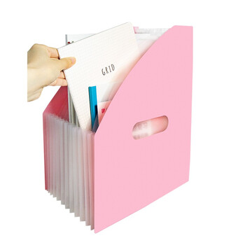 金得利13格A4竖款大容量手提风琴包可立式可伸缩文件筐资料册收纳夹学生用可伸缩书立架折叠书夹 粉色 DC7610