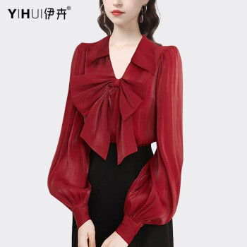伊卉（YIHUI）设计感春装新款衬衫女洋气时尚别致上衣蝴蝶结V领灯笼袖气质衬衣 红色 M