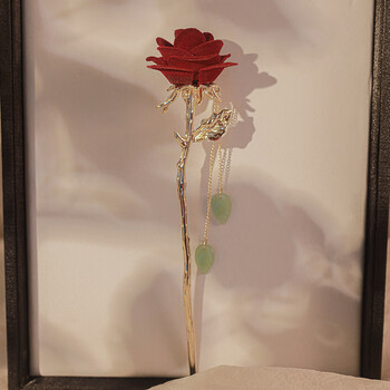 迎福匠 中式红色玫瑰发簪古风感流苏簪子简约现代丸子头盘发头饰 酒