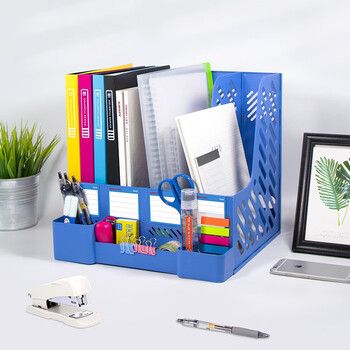 金得利四联带笔筒收纳桌面文件框多功能镂空文件架加厚升级四栏带标签稳固文件栏资料筐办公用品 蓝色 SN165