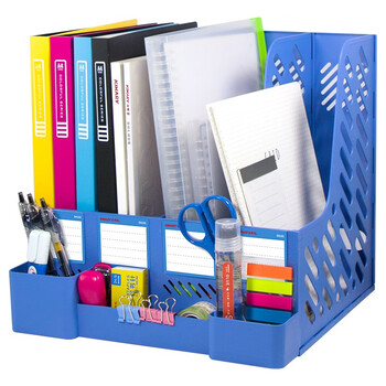 金得利四联带笔筒收纳桌面文件框多功能镂空文件架加厚升级四栏带标签稳固文件栏资料筐办公用品 蓝色 SN165