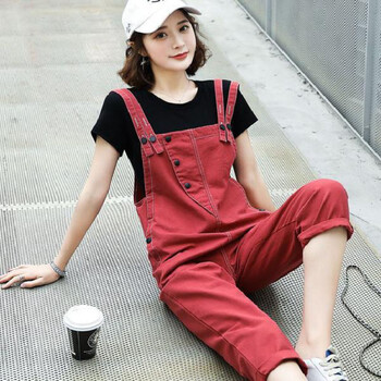 八分裤可爱八分红色裤子潮高街原宿风 单件红色背带裤(单件不含短袖)