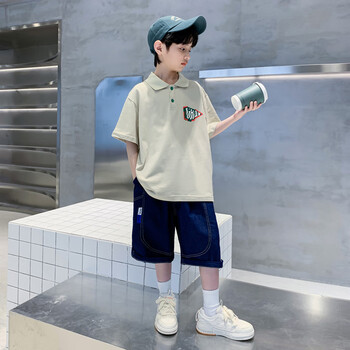 荷棠梦儿童衣服套装男大童夏季polo衫牛仔短裤8夏装9岁男孩衣服套装棉
