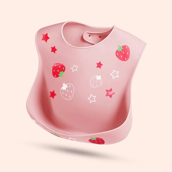 硅胶宝宝吃饭围兜立体婴幼儿童小孩大号口水兜软食饭兜粉色草莓围兜3d