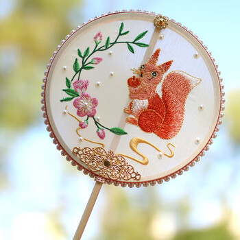 半透明长柄刺绣团扇迷你掌扇儿童表演舞蹈扇子中国风汉服女童 小松鼠