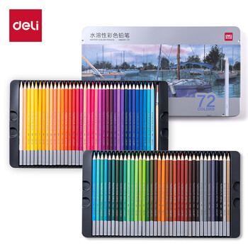得力（deli）72色铁盒装水溶性彩铅(混)(72支/盒)美术专业手绘涂色绘画HM451-72彩笔