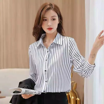 ifiz条纹衬衫胖mm妈妈长袖中老年春秋季遮肚子薄款中长款雪纺女上衣