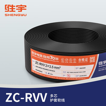 胜宇 ZR-RVV阻燃RVV国标电源线2芯2.5平方护套线 黑色-100米