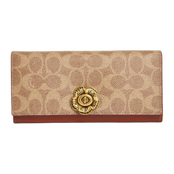 蔻驰coach 2021春夏 奢侈品 女士专柜款山茶花锁扣手拿包长款钱包棕