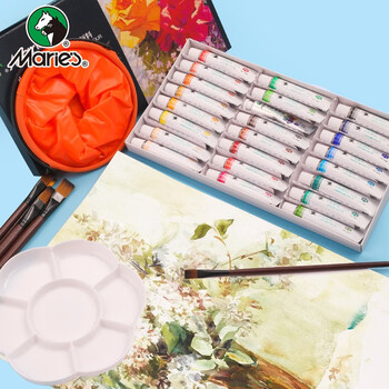 【超级爆款】马利(Marie's)水粉颜料盒装24色12ml 调色盘洗笔桶水粉纸画笔套装 美院学生初学者写生绘画水粉画颜料套装 速写 马克笔绘画