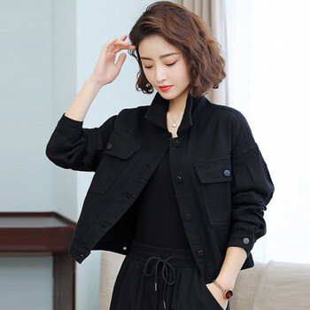 晔欧洲站春装2021欧货女装时尚洋气牛仔外套女短款工装牛仔衣潮 黑色