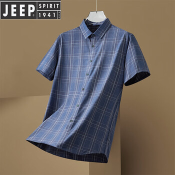 jeep)短袖格子衬衫男300斤胖子加肥加大码宽松夏季薄款翻领休闲衬衣男
