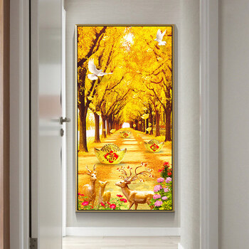枫林湾玄关装饰画欧式竖版晶瓷黄金满地壁画鹿走廊过道墙面挂画 黄金