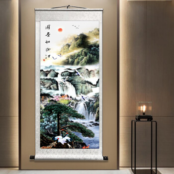 玄关挂画鸿运当头水画国画办公室旭日东升客厅流水生财卷轴挂画jzs115