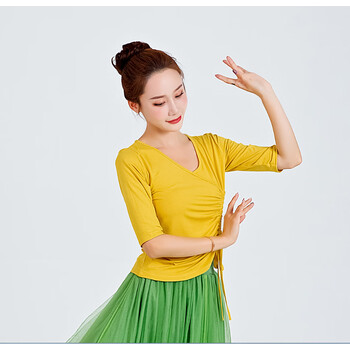 广场舞服装套装大摆裙女莫代尔衣练功服舞蹈演出服 黄色 中袖上衣单件