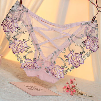 欧美宫廷刺绣性感透明网纱内裤女蕾丝镂空绑带火辣诱惑纯棉底情趣内衣