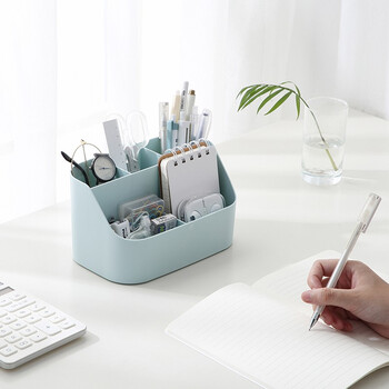 金得利5格笔筒收纳盒多功能高颜值儿童小学生文具办公桌面收纳宿舍办公用品笔桶分类储物盒子蓝色SN133