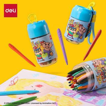 得力（deli）36色蜡笔小新三角杆塑料蜡笔(36色/桶)易拉罐造型不脏手双头可水洗儿童LB906-36美育工具