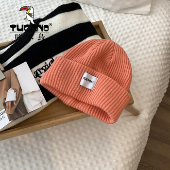 帽子女冬韩版百搭毛线帽女秋冬季保暖护耳冷帽ins潮学生针织帽 西柚色