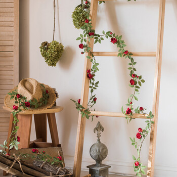 安格斯缠绕玫瑰藤蔓仿真花藤月蔷薇墙面垂吊花艺造景装红色145cm