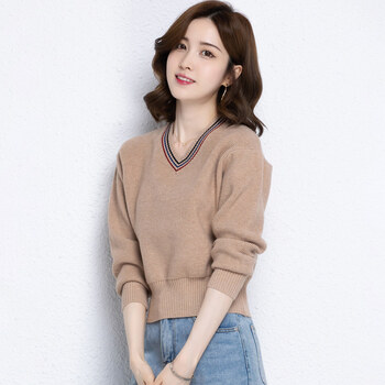针织衫女士高腰毛衣春秋新款女装短款内搭v领上衣长袖打底衫 驼色 m