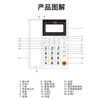 国威GW37 电话机座机 免电池 双接口 一键拨号 商务办公 固定话机 黑色