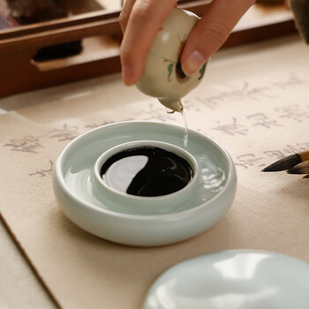 漢墨 汝窑防干墨碟套装 陶瓷防蒸发墨池书法专用砚台带盖2件套 文房四宝学生用高颜值笔洗