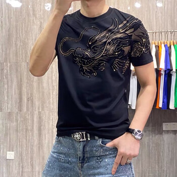 impresswit社会人衣服过肩龙t恤夏季新款潮牌男士重工艺印花短袖体恤
