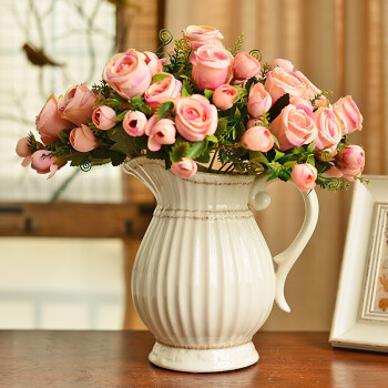 墨菲 北欧田园花艺套装陶瓷花瓶美式乡村创意客厅现代简约装饰品摆件 经典白色+4束桔粉玫瑰