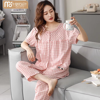 莫代尔品牌梭织棉睡衣女士夏季薄款短袖长裤棉夏天家居服套装开衫格子