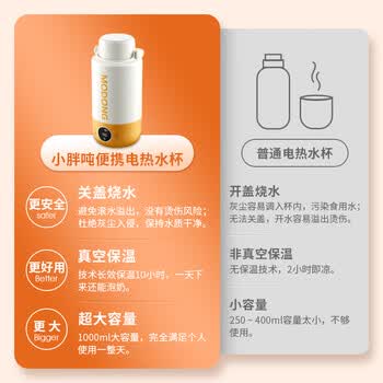 摩动316不锈钢便携式烧水壶便携烧水杯1L大容量电热水杯旅行出差烧水壶电热水壶恒温杯MD-DSH03X