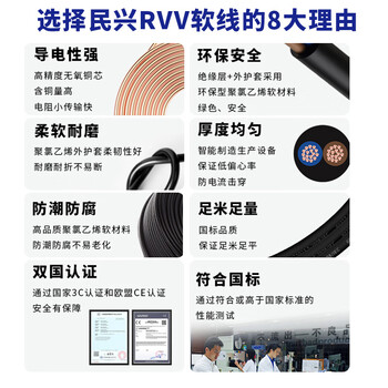 民兴电缆 2.5平方铜芯电线 3C认证 RVV电缆国标铜线电源线延长线护套线 RVV-3*2.5平方-100米