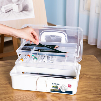 得力（deli）中号多功能便携学生美术工具箱学生画笔水彩颜料收纳箱绘画画手提箱68302