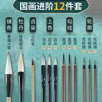 玉水湖国画毛笔套装专用初学者狼毫勾线白描中国画绘画大白云兼毫画水墨画勾线笔工笔画山水画 12支套装