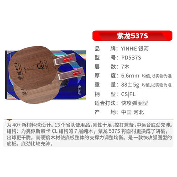 银河 乒乓球底板乒乓球拍横板横拍FL单拍 紫龙537S 附拍套 银河 乒乓球底板乒乓球拍横板横拍FL单拍 紫龙537S 附拍套