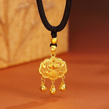 项链999足金双面福字宝宝长命锁硬金吊坠女礼物 平安锁 1金珠黑绳项链