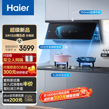 海尔(Haier)平嵌大师系列 25m3/min变频有效风 1100pa 挥手智控 超薄近吸烟灶套装C21U1+Q2BE3天