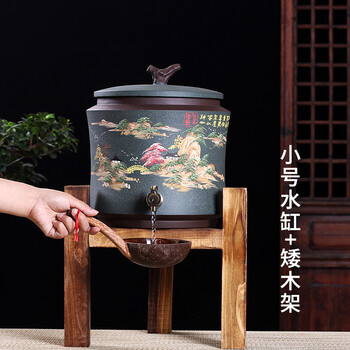 顾师傅宜兴原矿紫砂水缸储水罐带水龙头泥绘山水陶瓷净水缸家用饮水机