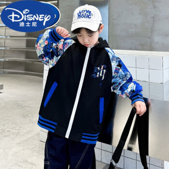 迪士尼品牌童装男童外套春秋款儿童印花连帽夹克男 黑色 170cm