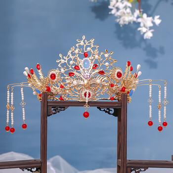 古风发冠【漪凝】汉服婚嫁头饰中式复古凤冠红色古装婚礼头冠配饰