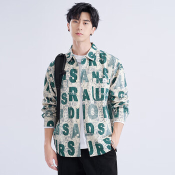 sdmoz秋季新款男士日系字母印花长袖衬衫青年时尚潮流