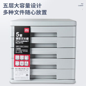 得力（deli）5层办公桌书桌桌面收纳盒文件柜收纳柜抽屉式 A4拉手资料 带索引标签学科试卷分类收纳 灰色9773