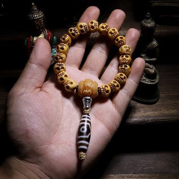 时乾手雕西藏牦牛骨佛珠手串男士女骷髅尸陀林主天珠牛角手链规格13mm