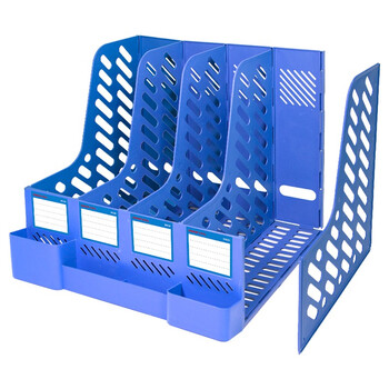 金得利四联带笔筒收纳桌面文件框多功能镂空文件架加厚升级四栏带标签稳固文件栏资料筐办公用品 蓝色 SN165