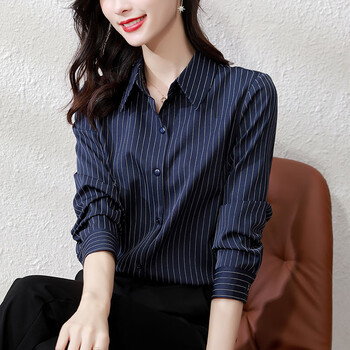 罗蒙时尚职业女装长袖衬衫女秋季新款2023高级感蓝色条纹秋装气质上衣